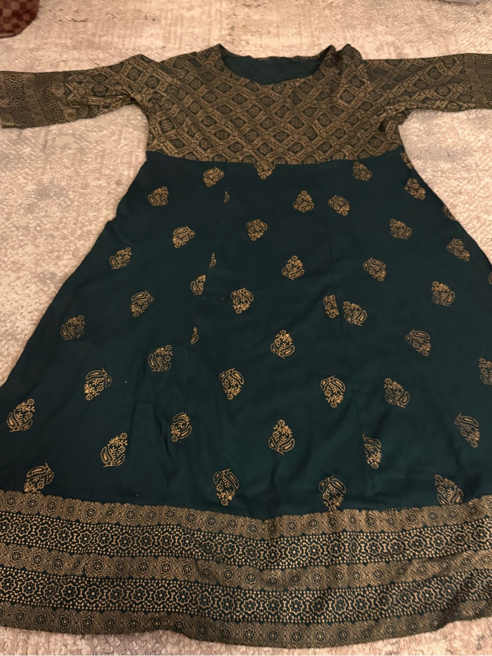Girls' Teal and Gold Embroidered A-Line Dress